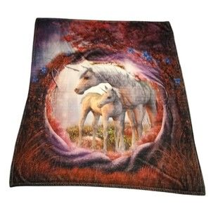 Unicorn Mother and Foal Blanket Plush Throw 50”x60” Purple Pink Magical